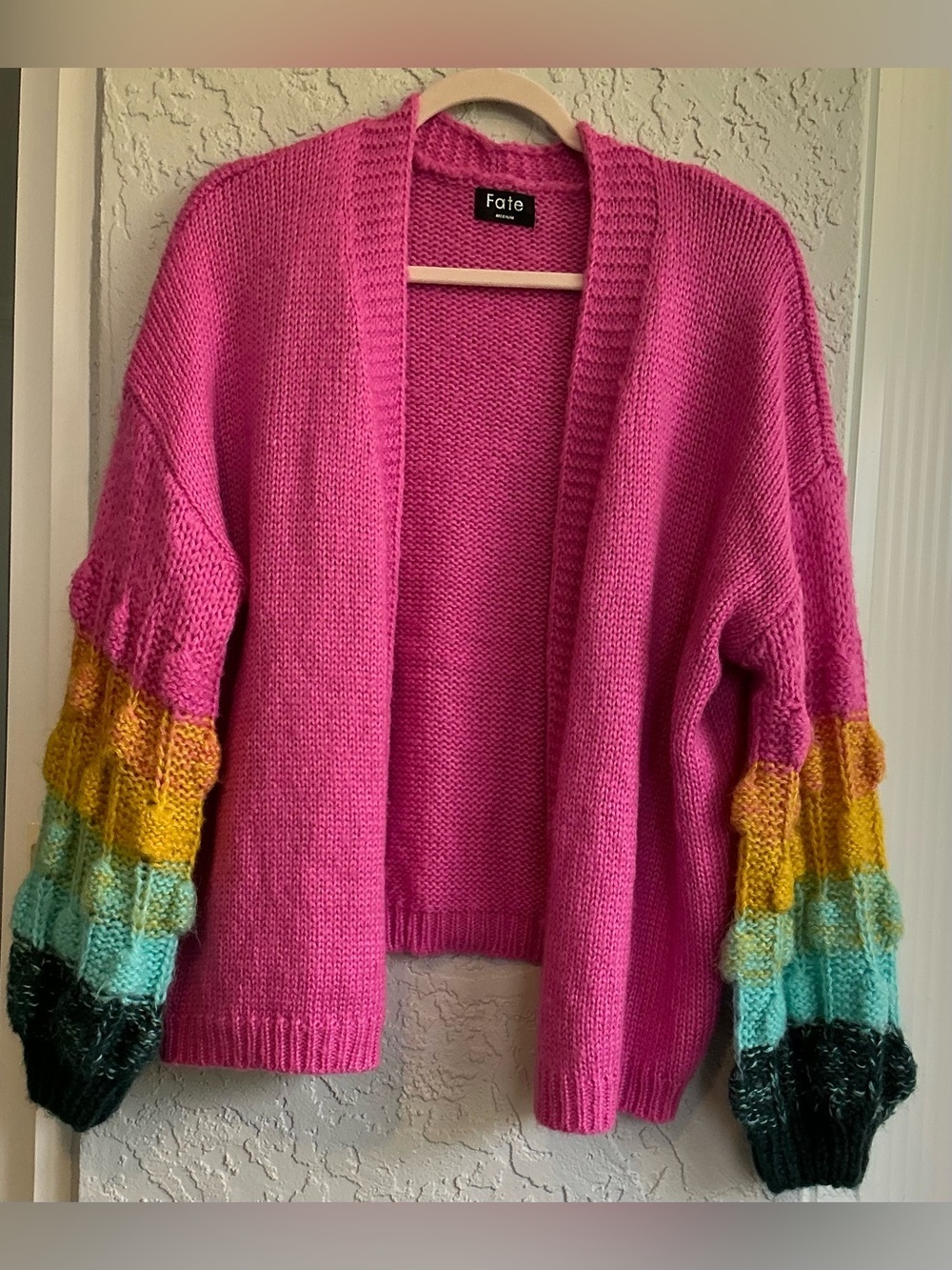 Fate Hot Pink Open-Front Cardigan with Color block Sleeves